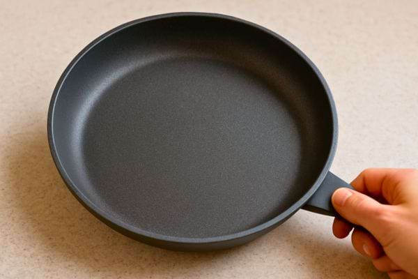 Poêle antiadhésive noire vide tenue par une main.