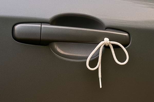 Gros plan d’un cordon blanc noué à une poignée de voiture.