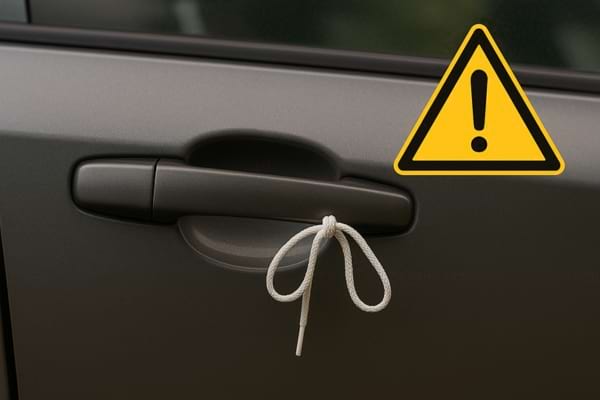 Poignée de voiture avec un cordon noué, icône d’avertissement.