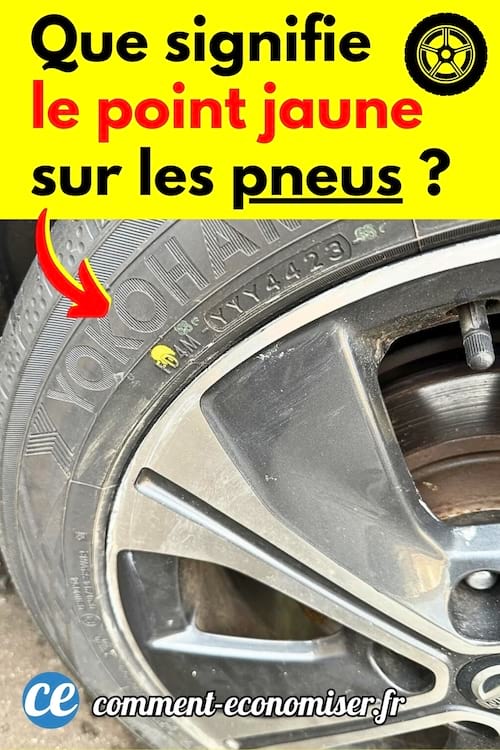Un point jaune sur un pneu noir d'une voiture