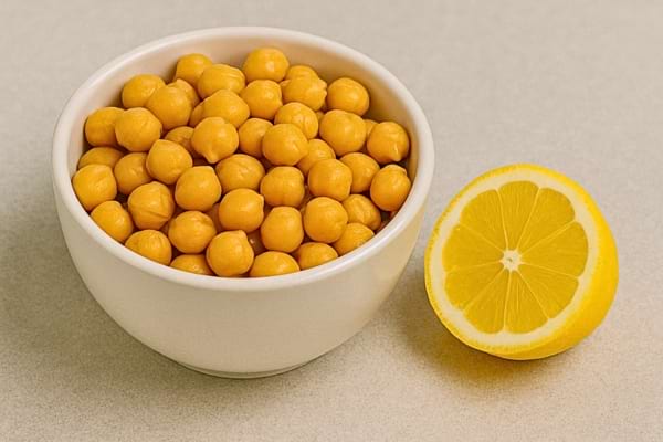 Pois chiches jaunes dans un bol avec demi-citron à côté.