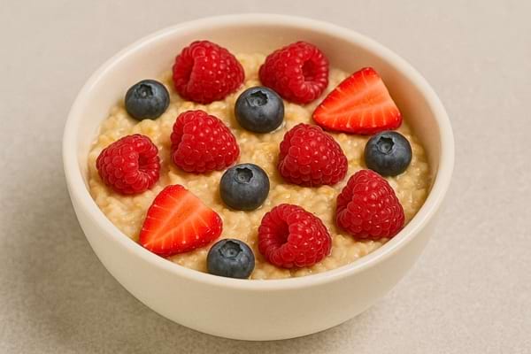 Bol de porridge crémeux garni de framboises, myrtilles et fraises fraîches.