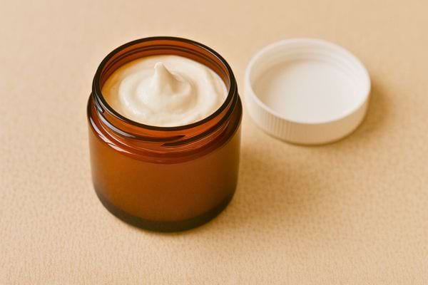 Un pot en verre ambré contient une crème onctueuse au bicarbonate, couvercle blanc à côté.