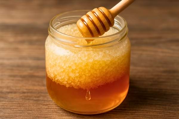 Pot de miel cristallisé partiellement.