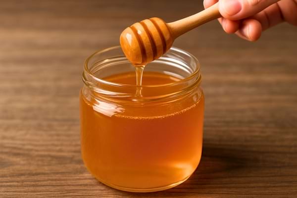 Pot rempli de miel liquide doré.