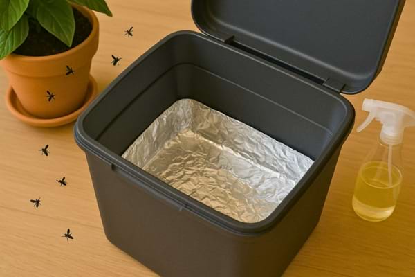 Poubelle tapissée de papier aluminium avec moucherons autour.