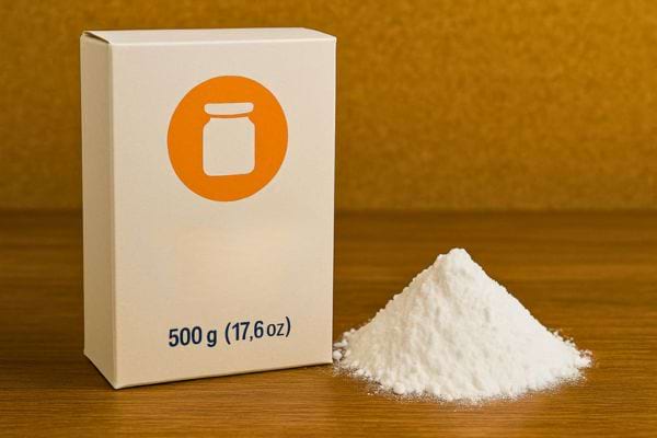 Une boîte de bicarbonate de soude à côté d’un tas de poudre.
