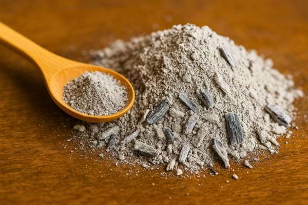 Une poudre grise avec morceaux présentée avec une cuillère.