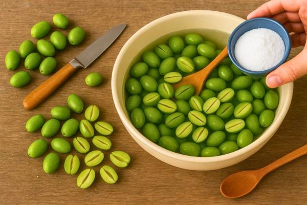 Un bol d’olives coupées en préparation avec ajout de sel.