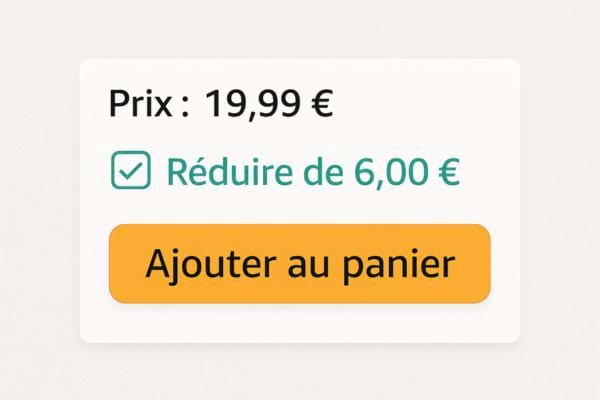 Boîte Amazon affichant un prix réduit de 6 € avant ajout au panier.