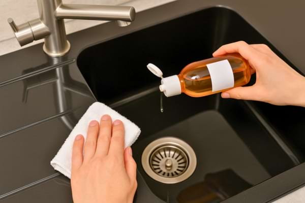 Une main verse du produit liquide sur un chiffon au-dessus de l’évier.