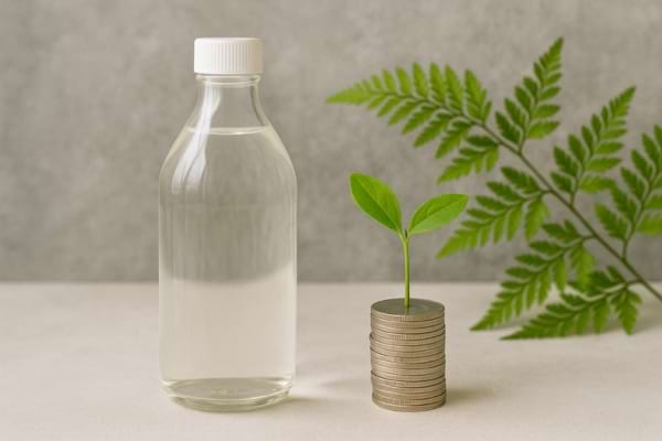 Un flacon transparent est posé à côté d’une pile de pièces et d’une petite plante verte.