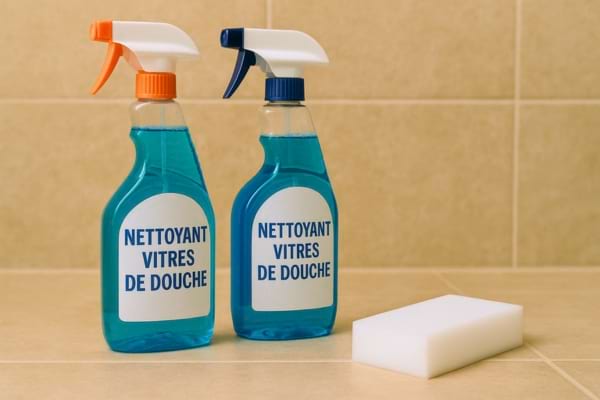 Deux pulvérisateurs de nettoyant pour vitres de douche posés avec une éponge.