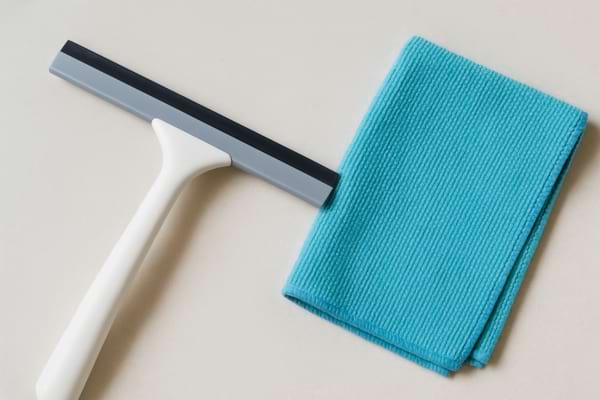 Raclette blanche et chiffon microfibre turquoise.