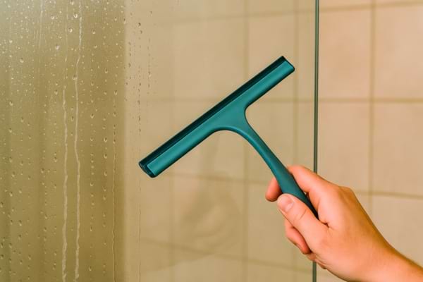 Une main utilise une raclette pour nettoyer une paroi de douche.