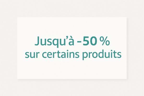 Promo Amazon indiquant jusqu’à -50 % sur certains produits.