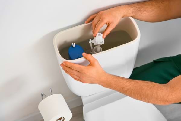 Personne réparant le réservoir d’un WC.  