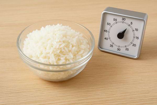 Un bol de riz blanc est posé à côté d’un minuteur mécanique indiquant environ trente minutes.