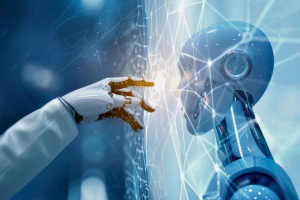 Un robot futuriste touche un écran rempli de réseaux lumineux.