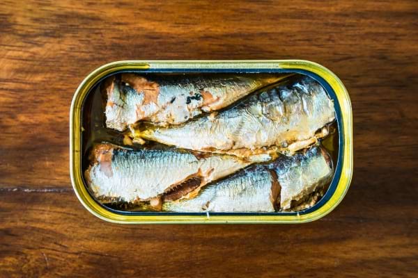 Une boîte de sardines est ouverte, montrant plusieurs poissons brillants baignés dans l’huile.