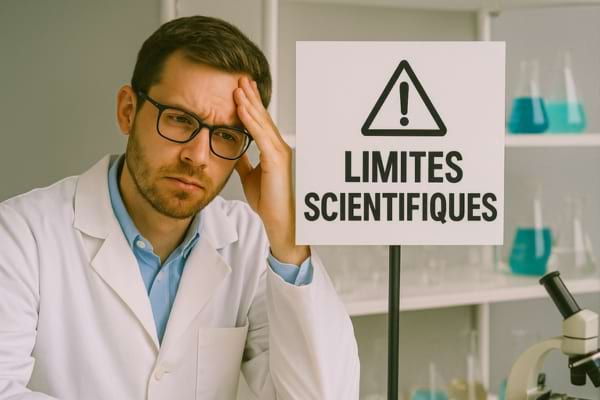 Un scientifique en blouse blanche, l’air soucieux, pose la main sur sa tête devant un panneau « limites scientifiques ».