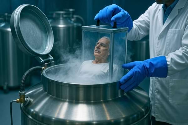 Un scientifique dépose un corps cryogénisé dans un réservoir empli de vapeur froide.