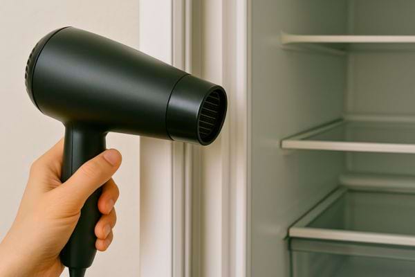 Un sèche-cheveux souffle de l’air chaud sur le joint du frigo.