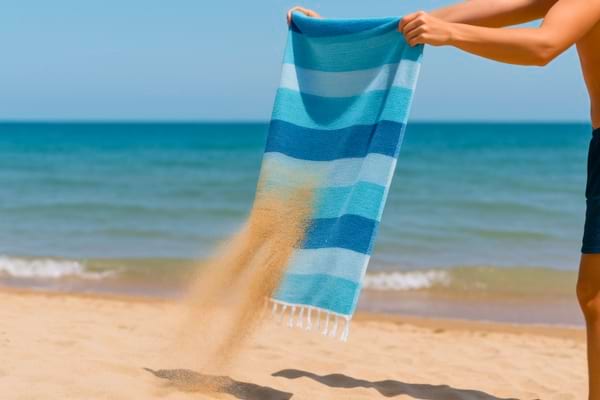 Une personne secoue une serviette rayée pour en faire tomber le sable.
