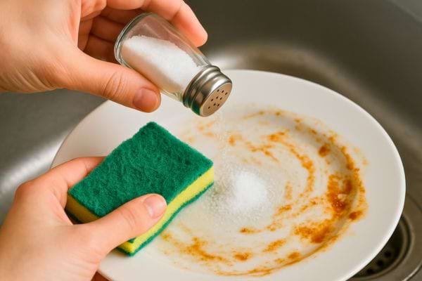 Du sel est versé sur une assiette sale avec une éponge verte.