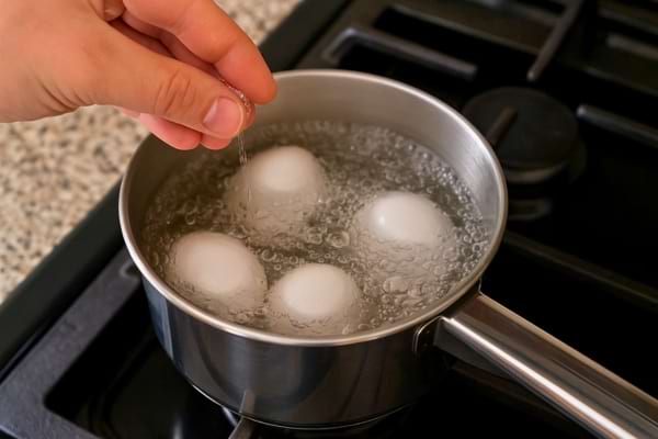 Main saupoudrant du sel dans une casserole contenant trois œufs en cuisson.