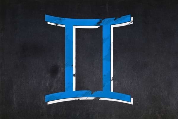 Symbole des Gémeaux en bleu sur fond noir représentant le signe astrologique.