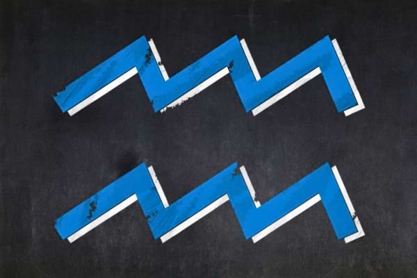 Symbole du Verseau en bleu formé de deux lignes ondulées superposées. 