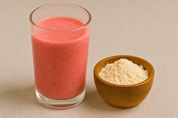 Smoothie rose dans un verre avec bol de poudre protéinée vanille.