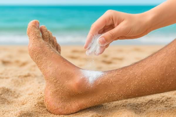 Une main applique du talc sur un pied sablé pour faciliter le retrait du sable.
