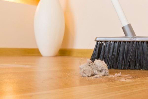 Un tas de poussière accumulé devant un balai posé sur le sol.