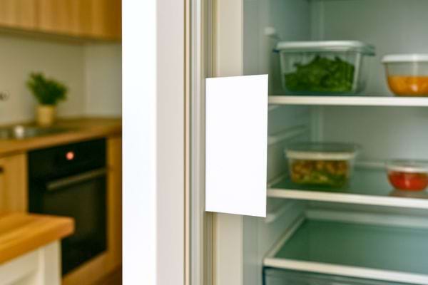 Une feuille de papier est placée entre la porte et le frigo.