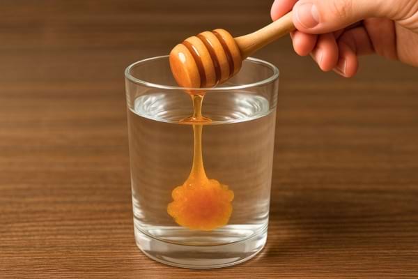 Miel coulant dans un verre d’eau.