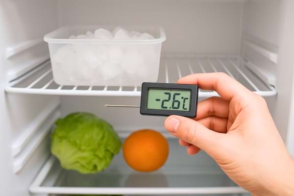 Thermomètre affichant -2,6 °C à l’intérieur d’un frigo.