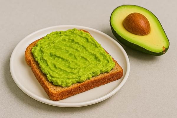 Toast grillé recouvert de purée d’avocat avec demi-avocat entier. 