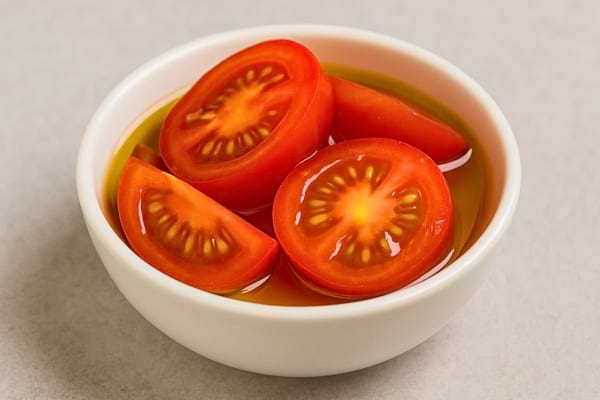 Bol de tomates cerises coupées trempées dans de l’huile d’olive.