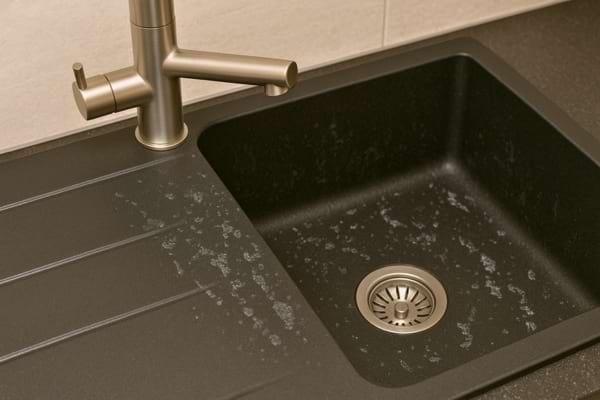 Un évier noir présente des traces blanches de calcaire visibles.