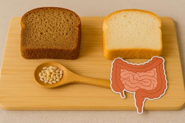 Tranche de pain complet et tranche de pain blanc avec intestins et graines.