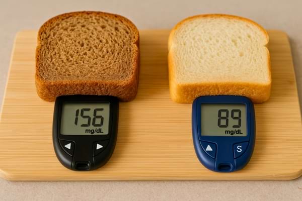 Tranche de pain complet et tranche de pain blanc sur lecteurs de glyc&eacute;mie.