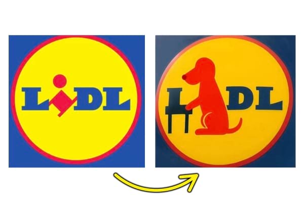 Deux logos Lidl comparés, l’un transformé avec un chien rouge assis.