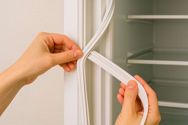 Deux mains vérifient et tirent le joint d’étanchéité de la porte du frigo.