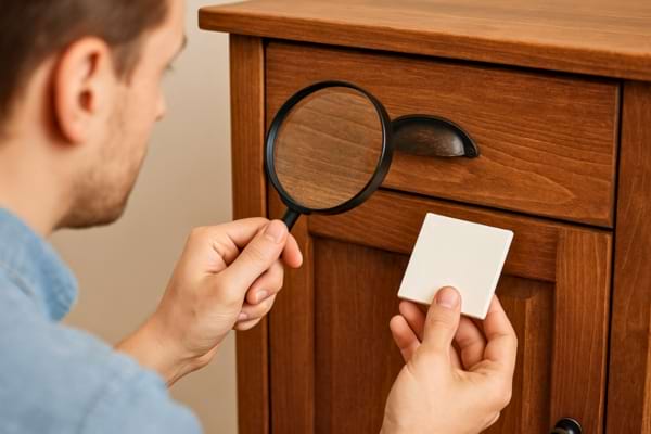 Il inspecte le meuble nettoyé à la loupe avec un carré blanc dans l’autre main.   
