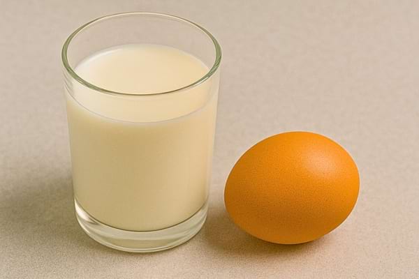 Verre de lait blanc à côté d’un œuf entier non cassé.