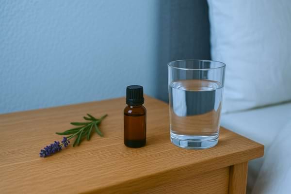 Brin de lavande, flacon et verre d’eau sur table de chevet.