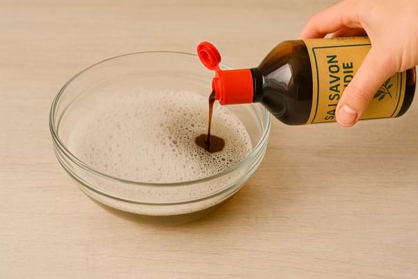 Du savon noir est versé dans un bol rempli d’eau moussante.