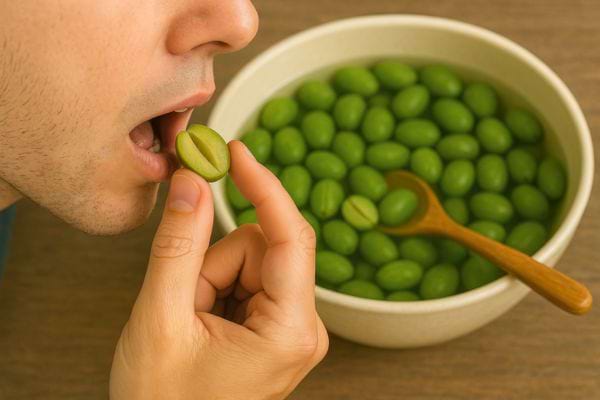 Un homme s’apprête à manger une olive verte coupée.